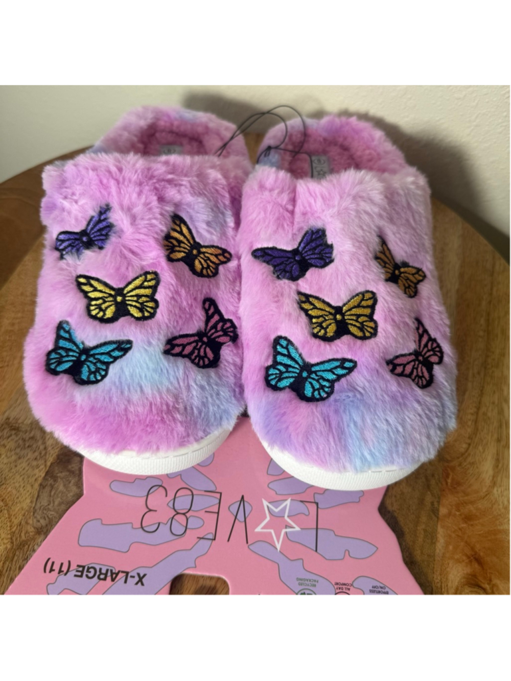 Women's LOVE83 Pink Blue Butterfly Fuzzy Slippers Size 11